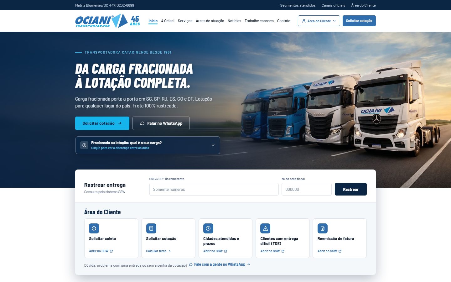 Página inicial do site da Ociani Transportadora
